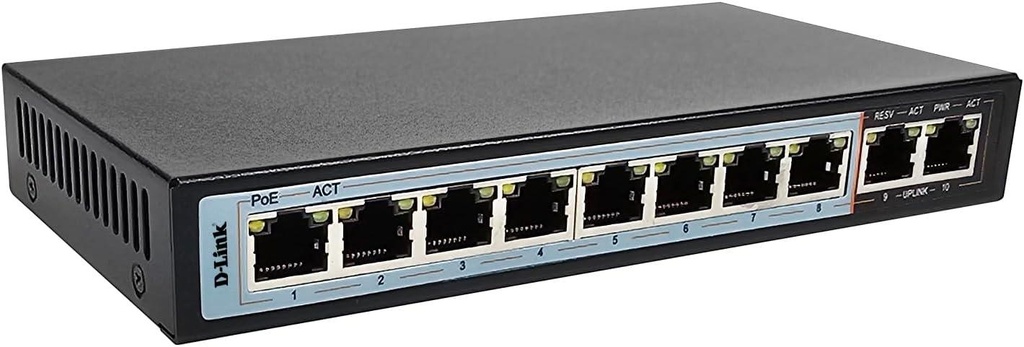 D-Link DES-F1010P-E - 10-Port Unmanaged PoE+ Switch with 8 Long Reach 250m PoE+ Ports, Plus 2 x Ethernet Uplink Ports - 96W PoE Budget, 802.3af/at, VLAN, QoS, PoE Hub, Plug & Play, Metal Housing