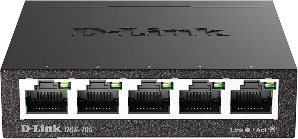 D-Link DGS-105, 5 Port Gigabit Ethernet Switch Unmanaged, Network Splitter, Silent Fanless, Network Hub, Sturdy Metal with Shielded Ports, Desktop/Wall Mount, QoS, Energy Saving, Plug and Play