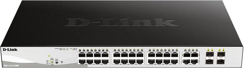 D-Link 28-Port Gigabit Smart Managed PoE+ Switch, 24 PoE+ Ports (370W) + 4 SFP Combo Ports, L2+, VLANs, Web Managed, Surveillance Mode, Rackmount, Energy Efficient, NDAA Compliant (DGS-1210-28MP)