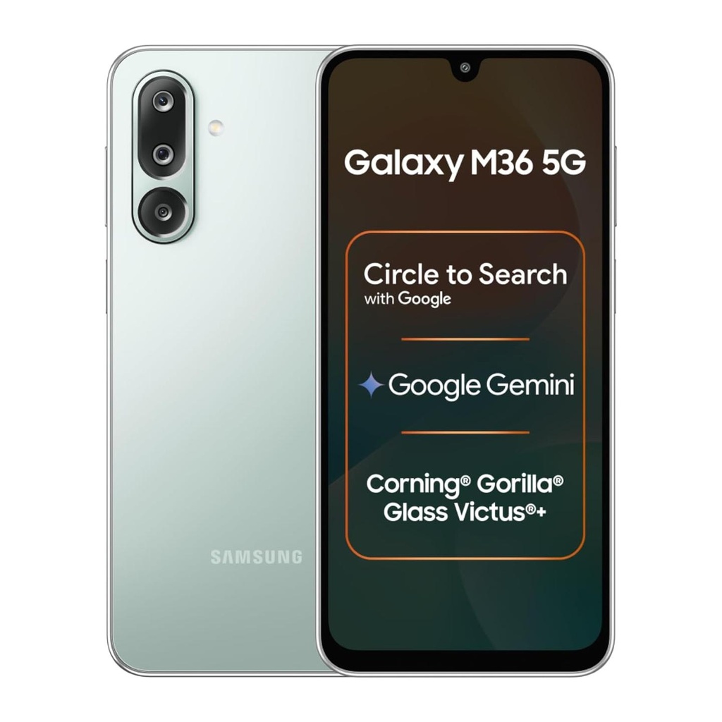 Samsung Galaxy M36 5G Mobile (Serene Green, 6GB RAM, 128GB Storage) | Google Gemini| Gorilla Glass Victus+ | 7.7mm | AI Enhanced 50MP OIS Triple Camera| Nightography| Lag-free Gaming