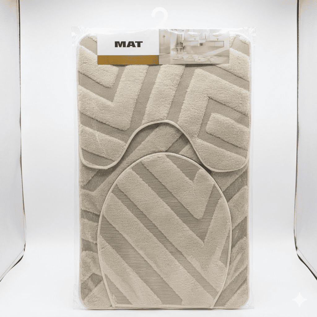 3 Pcs Modern Diamond Toilet Mat Set | Beige Bathroom Rug Set Kenya