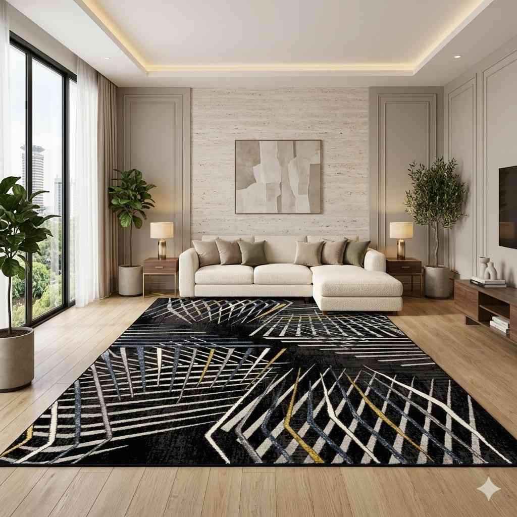 Modern Abstract Geometric Area Rug | Beige & Forest Green Luxury Living Room Carpet