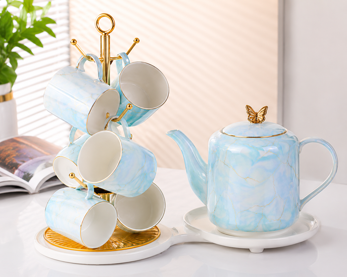 Ceramic Tea Set with Gold Display Stand CS-21 | Sky Blue Marble Tea Set Kenya