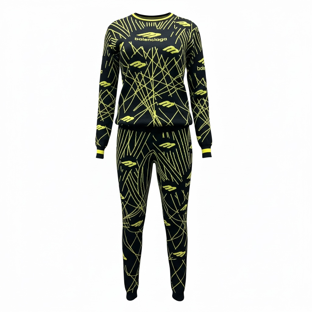 Balenciaga Patterned Knit Tracksuit | Black & Neon Yellow Streetwear Kenya
