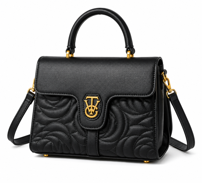 Ladies Luxury Quilted Handbag 168-1 Black Top Handle Shoulder Bag with Gold Hardware