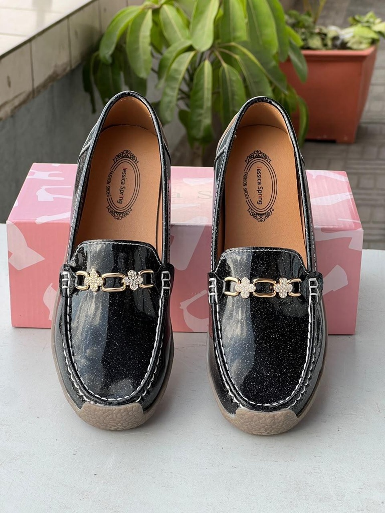 Black Crystal Glitter Loafers for Women | Jessica Spring Slip-On Flats