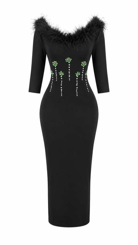 Feather Trim Rhinestone Bodycon Midi Dress Kenya