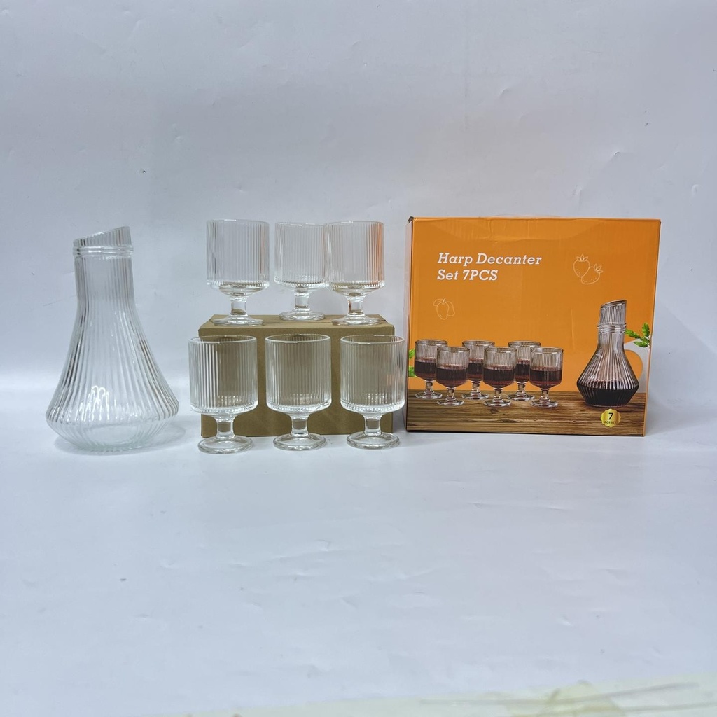 7PCS Glass Decanter Set with Wine Glasses – Ribbed Harp Style Serving Set Kenya