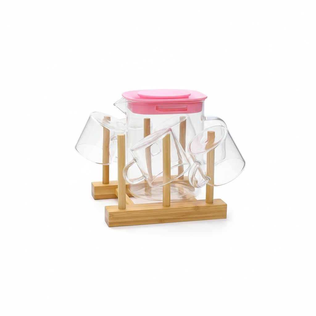 Glass Jug and Cups Set with Wooden Stand – Stylish Drinkware Set
