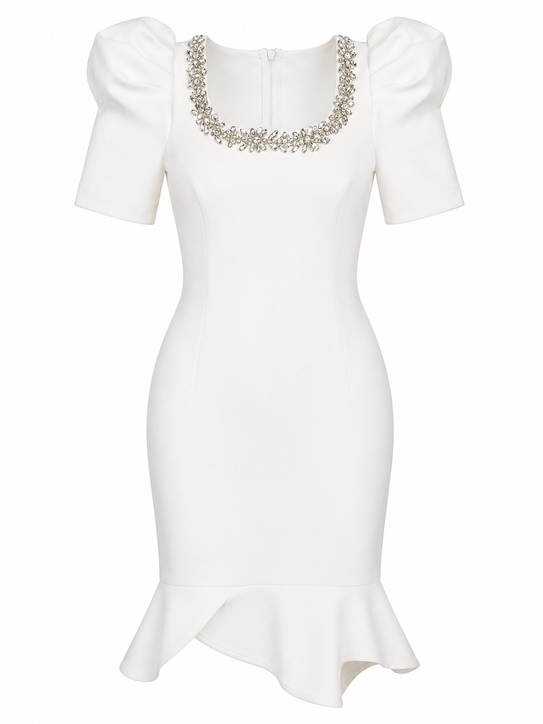 Women’s White Mermaid Dress 470 with Crystal Embellished Neckline – Elegant Puff Sleeve Occasion Dress