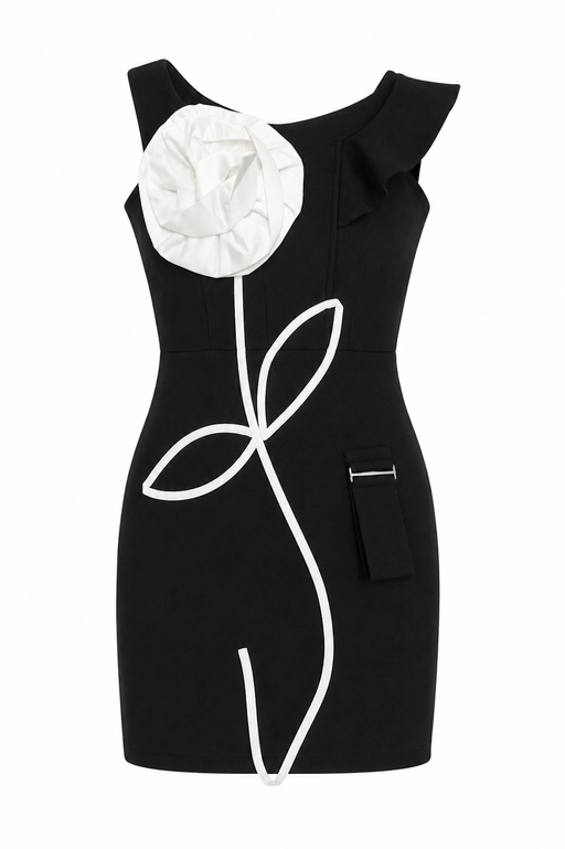 Women’s Black & White Mini Dress 603 with Floral Appliqué – Elegant Sleeveless Bodycon Party Dress