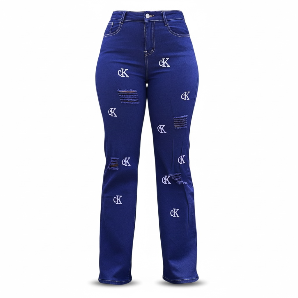 Blue Logo Print Distressed Mummy Jeans 6004 High Waist Denim