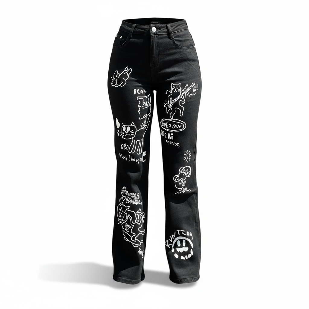 Graffiti Print Mummy Jeans 50651 High Waist Black Denim Street Style