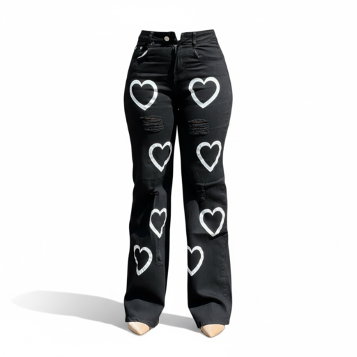 Heart Print Mummy Jeans 33872 High Waist Black Denim