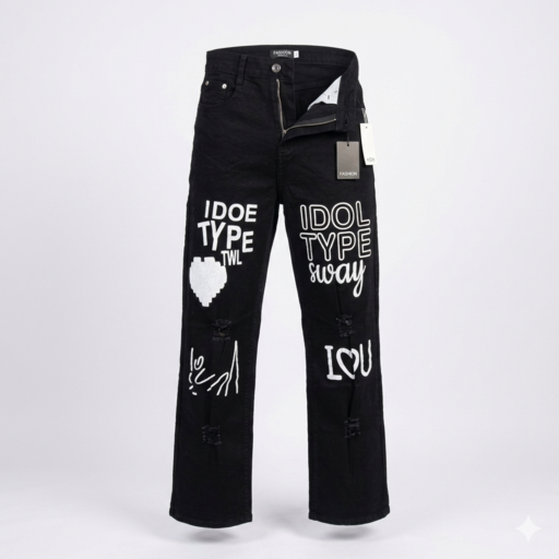 5070 Graphic Print Black Denim Jeans – Straight Leg Streetwear Casual Pants