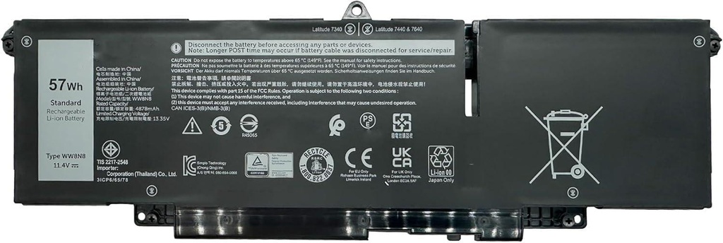 11.4V 57Wh 4878mAh WW8N8 FH97R 0HYH8 0CTJJ6 2ICP6/65/78 3ICP6/65/78  Genuine Battery for DELL Latitude 7340 7350 7440 7450 7640 7650 Series