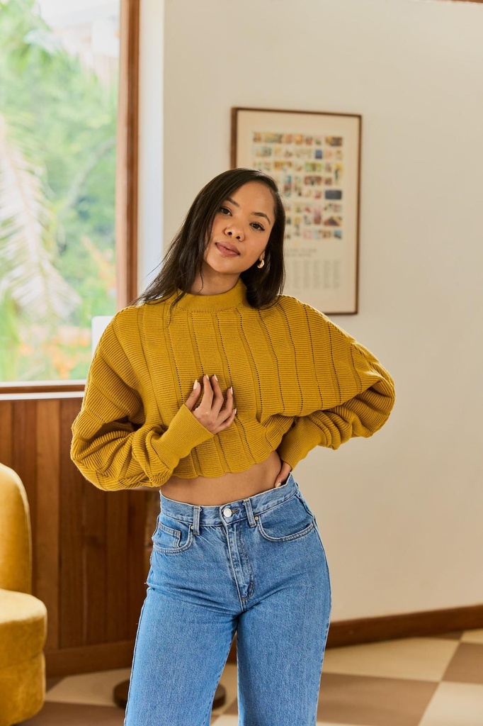 Calla Bubble Knit Crop Sweater (S, Honey Glaze)