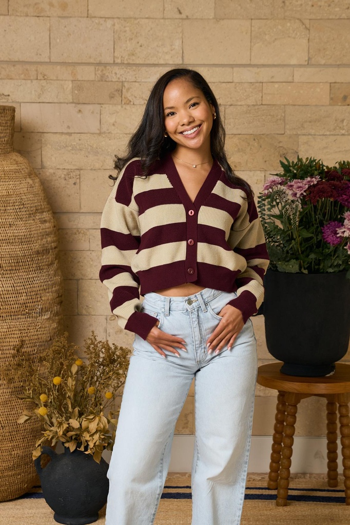 Rida Cropped Cardigan (XXS, Burgundy & Taupe)